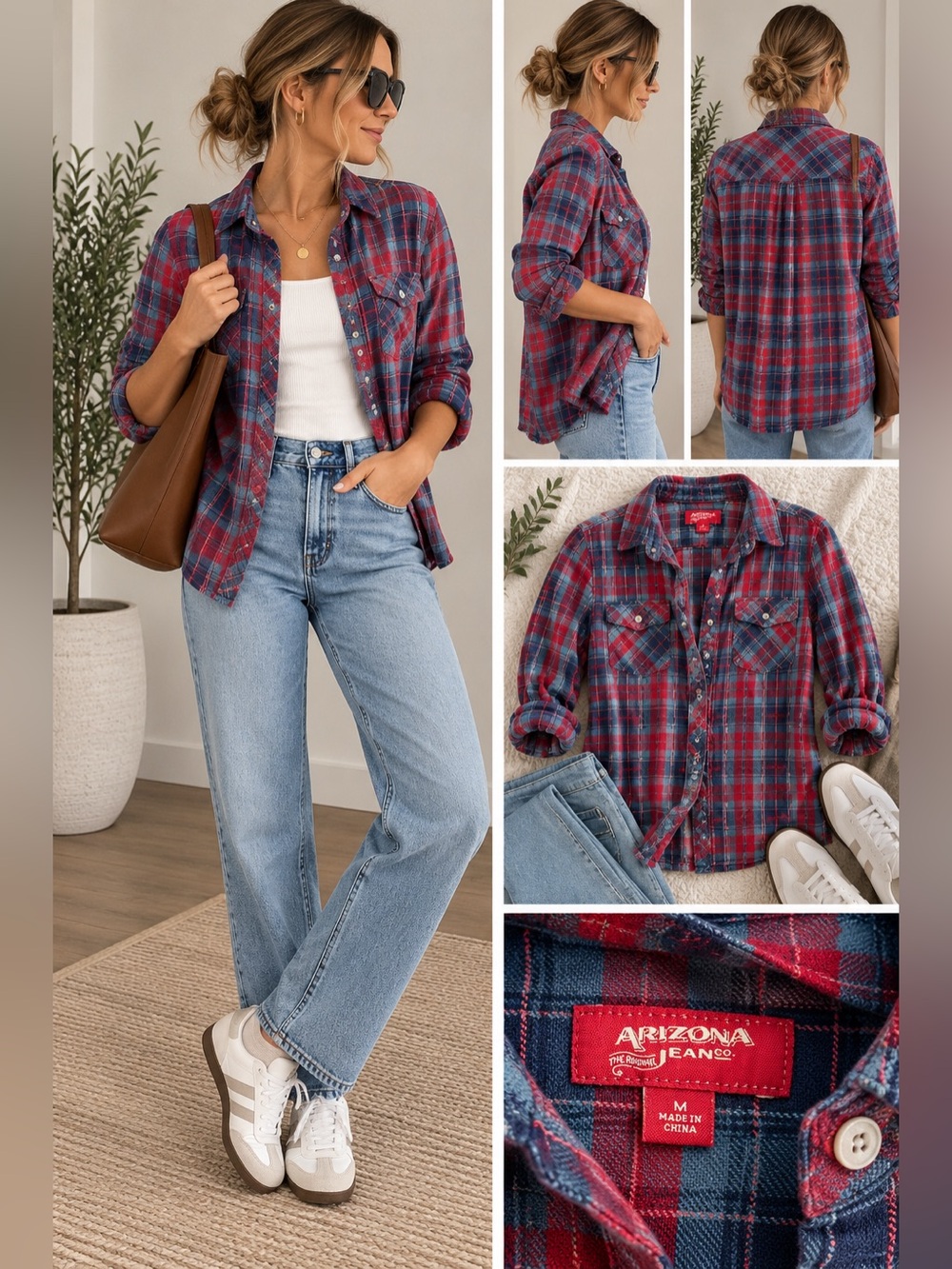 Arizona Jean Company Red & Blue Plaid Button-Down Shirt